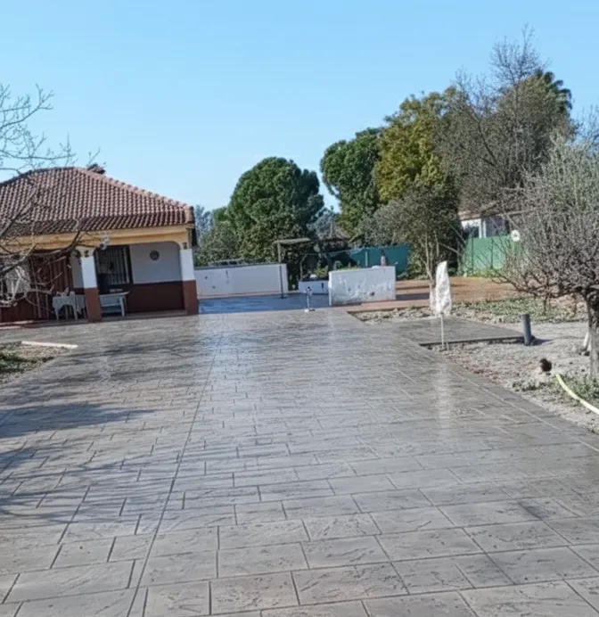 Una escena de patio trasero con una terraza de madera junto a una piscina de aguas cristalinas, con una vegetación vibrante al fondo.