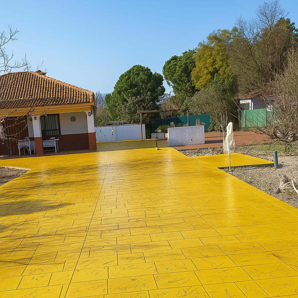 Un camino de entrada con pintura amarilla brillante aplicada en toda su superficie.