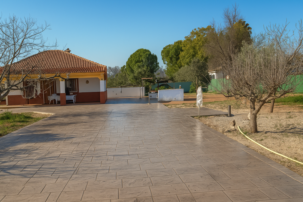 Una escena de patio trasero con una terraza de madera junto a una piscina de aguas cristalinas, con una vegetación vibrante al fondo.